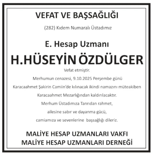 H. Hüseyin Özdülger – Hürriyet vefat ilanı (11 Ekim 2025)