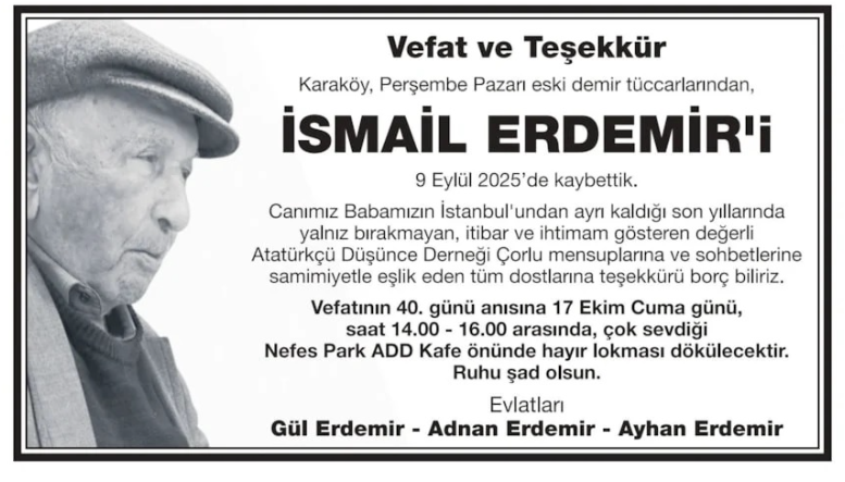 İsmail Erdemir – Hürriyet vefat ilanı (24 Ekim 2025)