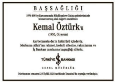 Kemal Öztürk – Hürriyet başsağlığı ilanı (1 Ekim 2025)