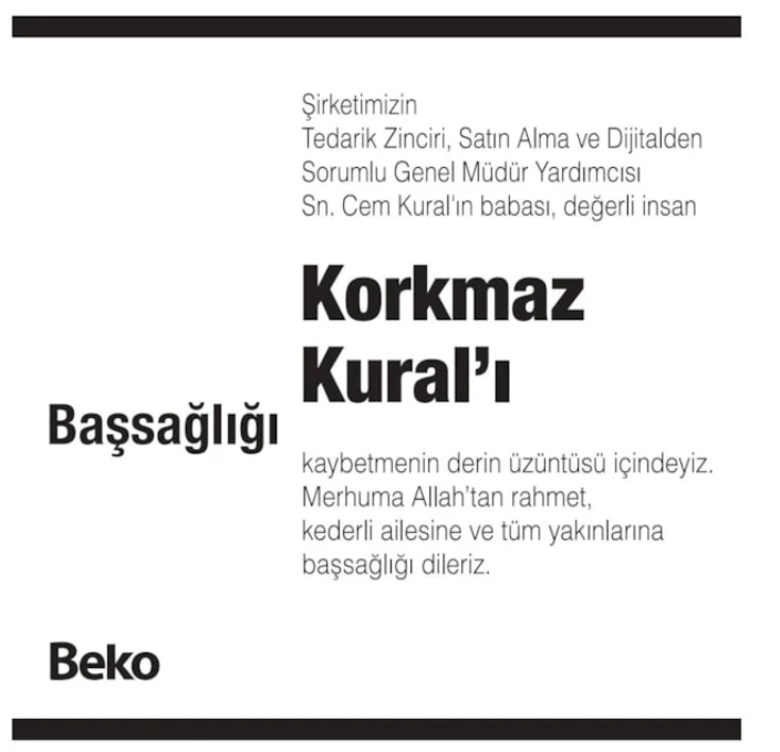 Korkmaz Kural – Hürriyet ölüm ilanı (31 Ekim 2025)