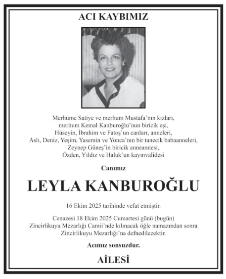Leyla Kanburoğlu – Hürriyet cenaze ilanı (23 Ekim 2025)
