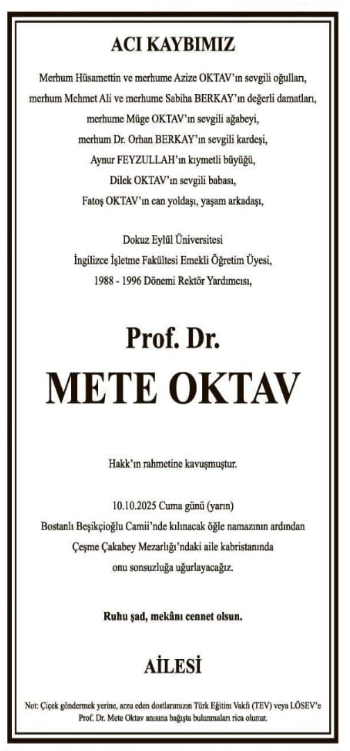 Prof. Dr. Mete Oktav – Hürriyet taziye ilanı (17 Ekim 2025)