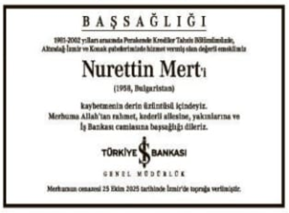Nurettin Mert – Hürriyet cenaze ilanı (31 Ekim 2025)