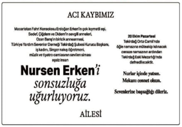 Nursen Erken – Hürriyet taziye ilanı (23 Ekim 2025)