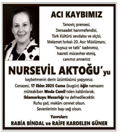Nursevil Aktoğu – Hürriyet ölüm ilanı (23 Ekim 2025)