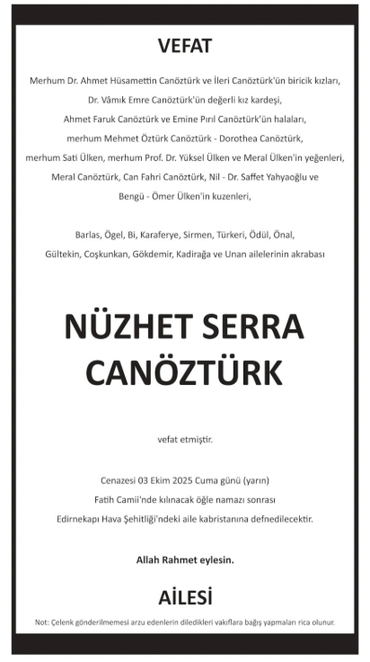Nüzhet Serra Canöztürk – Hürriyet vefat ilanı (4 Ekim 2025)