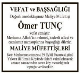 Ömer Tunç – Hürriyet vefat ilanı (1 Ekim 2025)