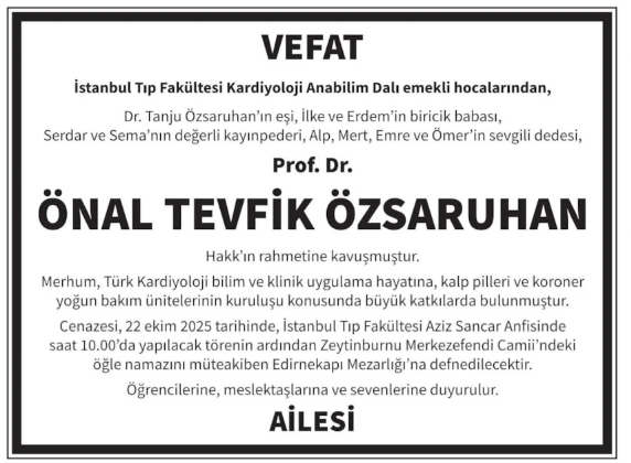 Prof. Dr. Önal Tevfik Özsaruhan – Hürriyet vefat ilanı (23 Ekim 2025)