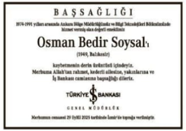 Osman Bedir Soysal – Hürriyet ölüm ilanı (1 Ekim 2025)