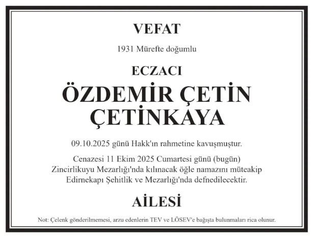 Özdemir Çetin Çetinkaya – Hürriyet vefat ilanı (14 Ekim 2025)