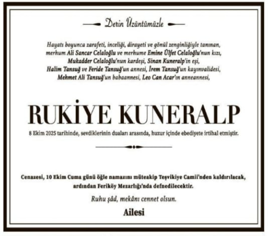 Rukiye Kuneralp – Hürriyet taziye ilanı (24 Ekim 2025)