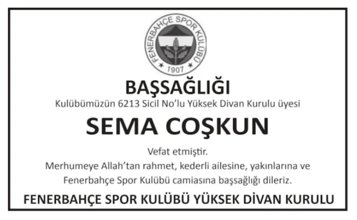 Sema Coşkun – Hürriyet başsağlığı ilanı (24 Ekim 2025)