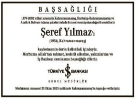 Şeref Yılmaz – Hürriyet vefat ilanı (31 Ekim 2025)