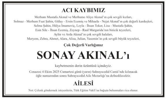 Sonay Akınal – Hürriyet taziye ilanı (6 Ekim 2025)