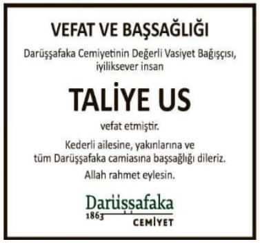 Taliye Us – Hürriyet taziye ilanı (8 Ekim 2025)
