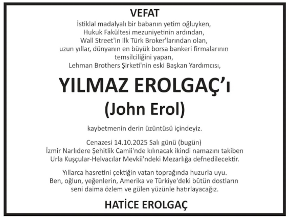 Yılmaz Erolgaç – Hürriyet vefat ilanı (17 Ekim 2025)