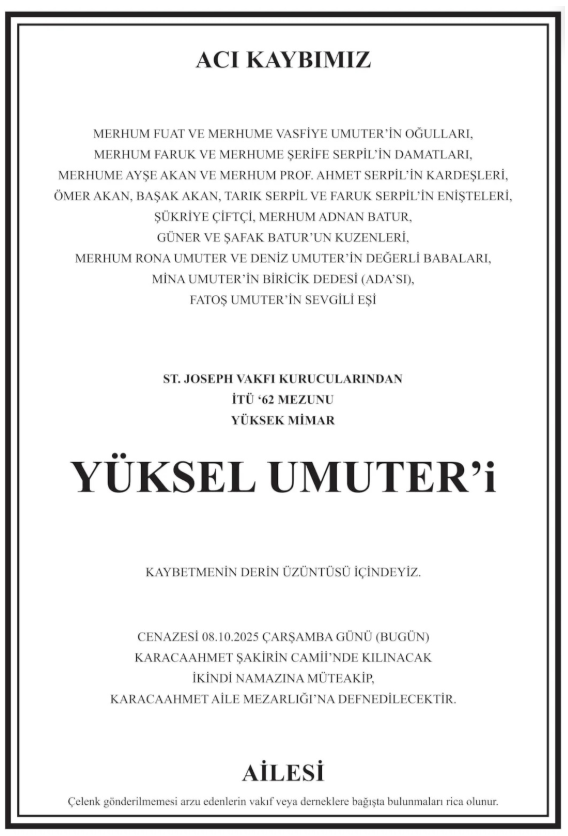Yüksel Umuter – Hürriyet ölüm ilanı (11 Ekim 2025)