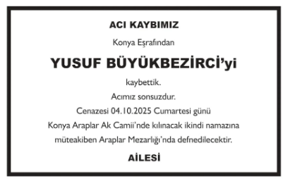 Yusuf Büyükbezirci – Hürriyet cenaze ilanı (4 Ekim 2025)
