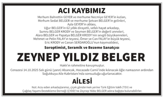 Zeynep Yıldız Belger – Hürriyet taziye ilanı (14 Ekim 2025)