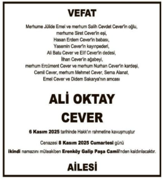 Ali Oktay Cever – Hürriyet vefat ilanı (7 Kasım 2025)