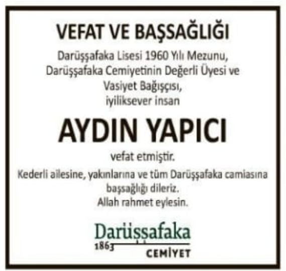 Aydın Yapıcı – Hürriyet vefat ilanı (21 Kasım 2025)