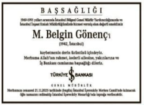 M. Belgin Gönenç – Hürriyet başsağlığı ilanı (21 Kasım 2025)