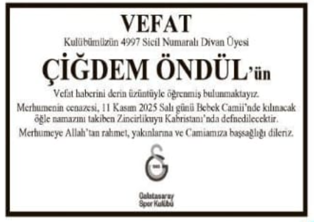Çiğdem Öndül – Hürriyet vefat ilanı (11 Kasım 2025)
