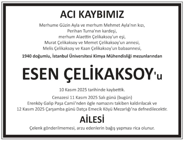 Esen Çelikaksoy – Hürriyet cenaze ilanı (11 Kasım 2025)