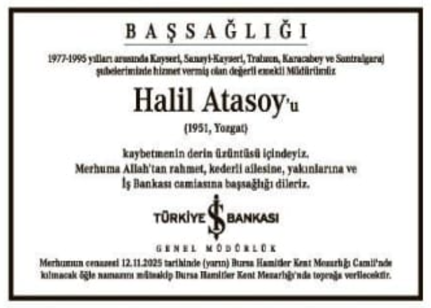 Halil Atasoy – Hürriyet başsağlığı ilanı (11 Kasım 2025)