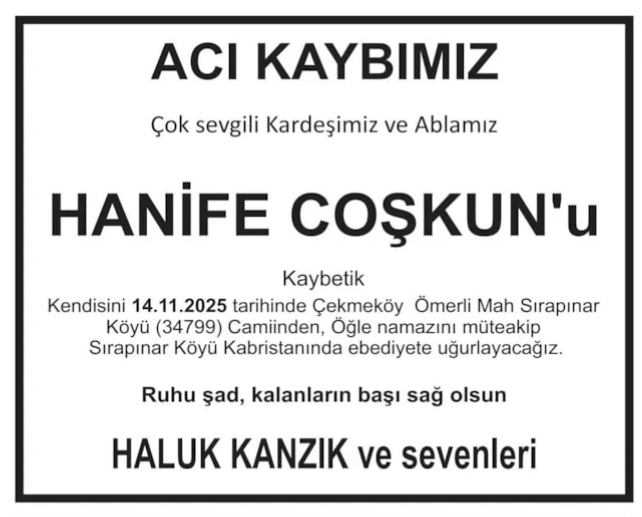 Hanife Coşkun – Hürriyet cenaze ilanı (14 Kasım 2025)