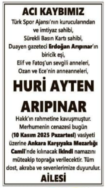 Huri Ayten Arıpınar – Hürriyet cenaze ilanı (10 Kasım 2025)