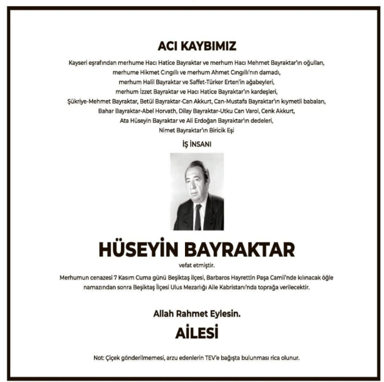 Hüseyin Bayraktar – Hürriyet taziye ilanı (7 Kasım 2025)