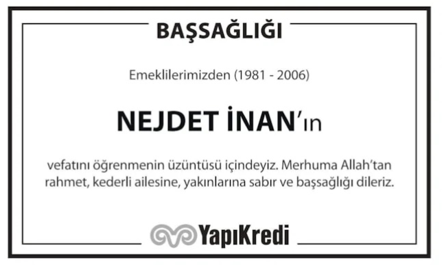 Nejdet İnan – Hürriyet başsağlığı ilanı (14 Kasım 2025)