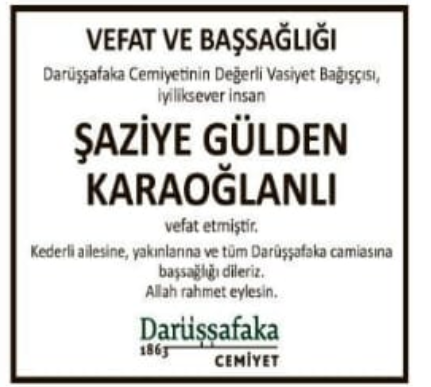 Şaziye Gülden Karaoğlanlı – Hürriyet başsağlığı ilanı (20 Kasım 2025)