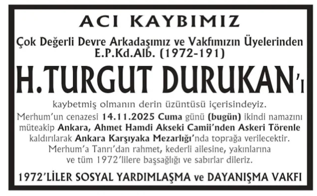 H. Turgut Durukan – Hürriyet ölüm ilanı (14 Kasım 2025)