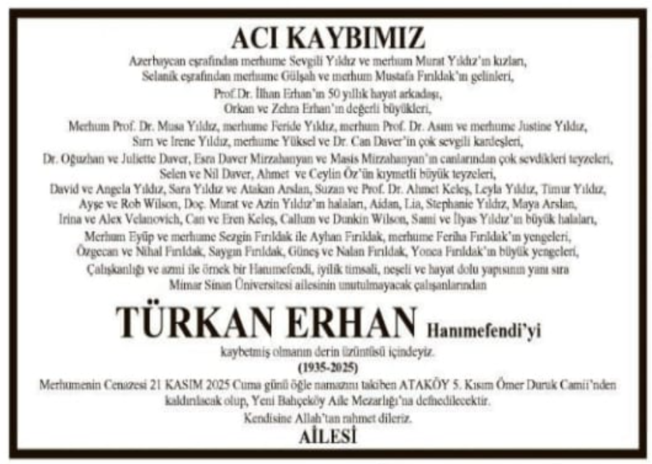 Türkan Erhan – Hürriyet cenaze ilanı (21 Kasım 2025)