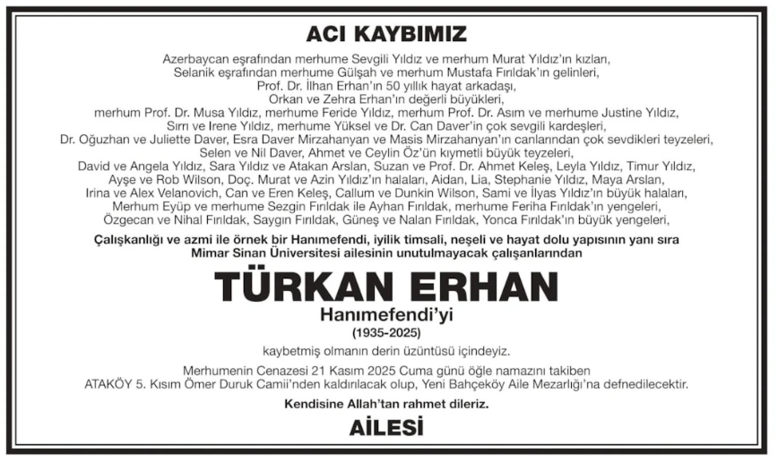 Türkan Erhan – Hürriyet ölüm ilanı (21 Kasım 2025)