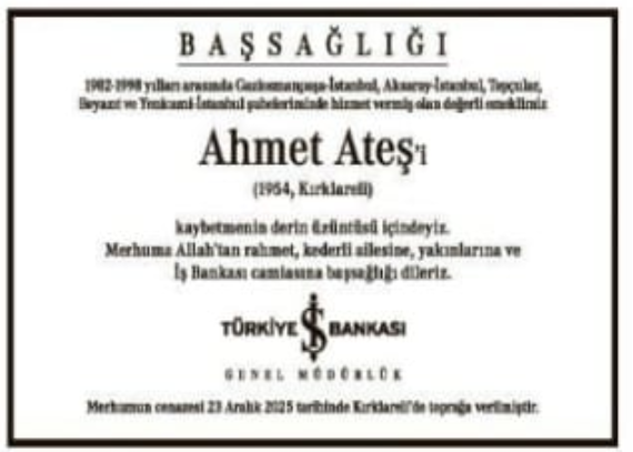 Ahmet Ateş – Hürriyet başsağlığı ilanı (26 Aralık 2025)