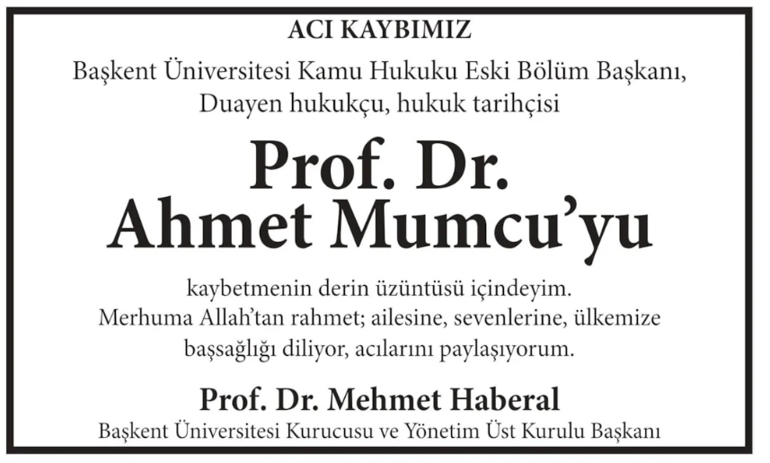 Prof. Dr. Ahmet Mumcu – Hürriyet cenaze ilanı (12 Aralık 2025)
