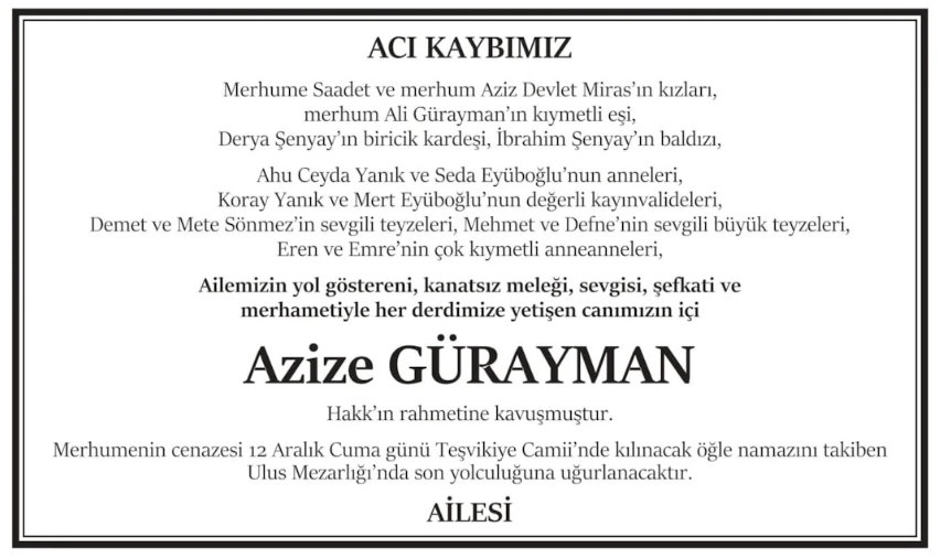 Azize Gürayman – Hürriyet ölüm ilanı (12 Aralık 2025)