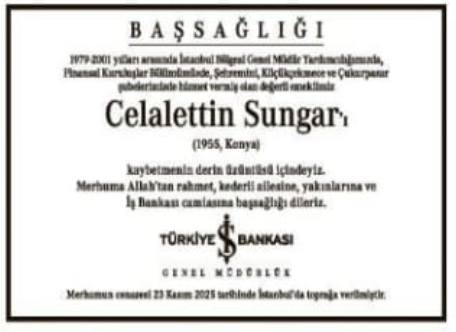 Celalettin Sungar – Hürriyet ölüm ilanı (05 Aralık 2025)