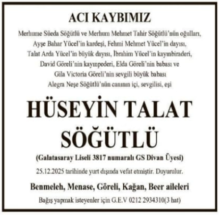 Hüseyin Talat Söğütlü – Hürriyet ölüm ilanı (26 Aralık 2025)