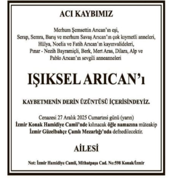 Işıksel Arıcan – Hürriyet cenaze ilanı (26 Aralık 2025)