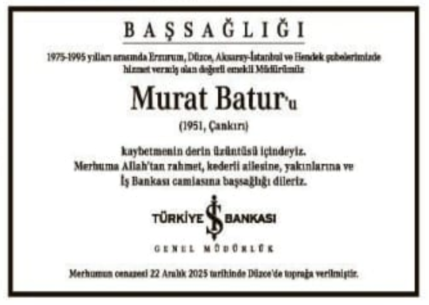 Murat Batur – Hürriyet başsağlığı ilanı (27 Aralık 2025)