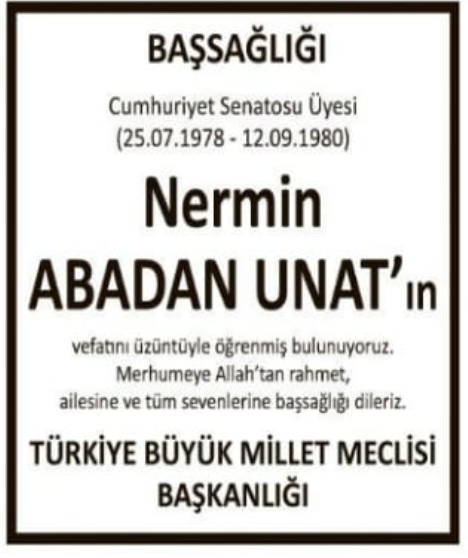 Nermin Abadan Unat – Hürriyet başsağlığı ilanı (14 Aralık 2025)
