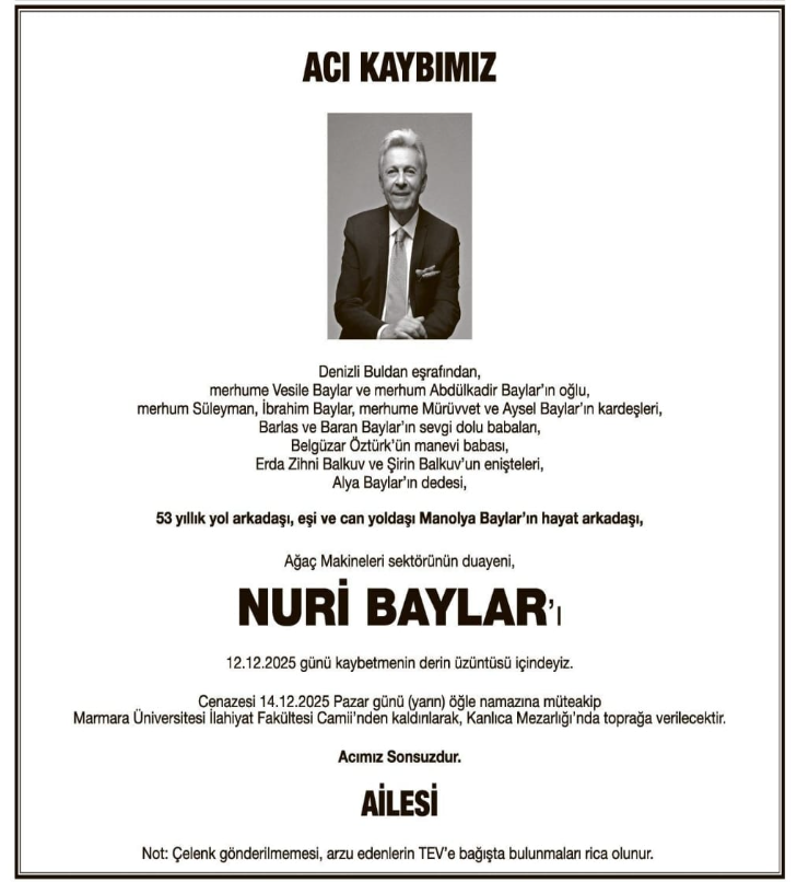 Nuri Baylar – Hürriyet cenaze ilanı (13 Aralık 2025)