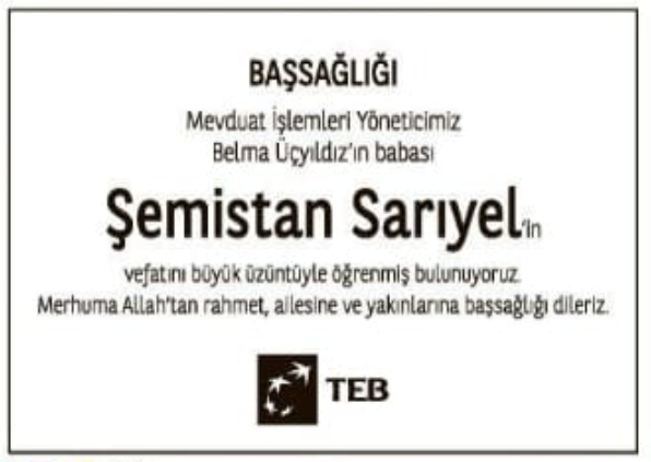 Şemistan Sarıyel – Hürriyet ölüm ilanı (27 Aralık 2025)