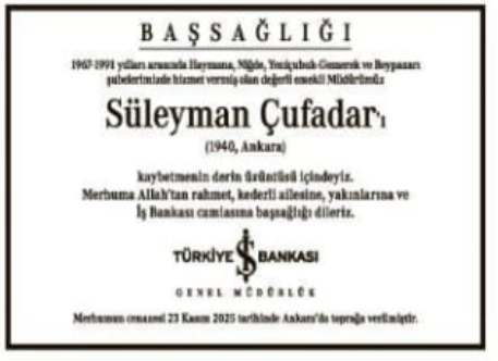 Süleyman Çufadar – Hürriyet başsağlığı ilanı (5 Aralık 2025)