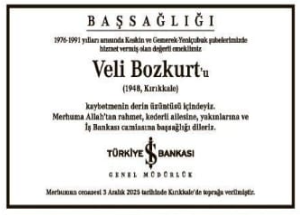 Veli Bozkurt – Hürriyet başsağlığı ilanı (13 Aralık 2025)