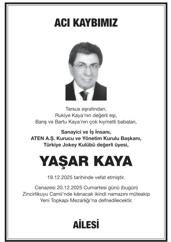 Yaşar Kaya – Hürriyet ölüm ilanı (20 Aralık 2025)